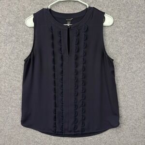 Ann Taylor Navy Blue Sleeveless Lace Trim Split Neck Blouse Top Womens Size M